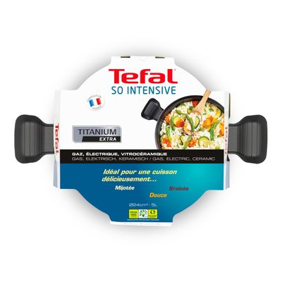 Oala cu capac Tefal So Intensive D5064662, 24 cm, aluminiu, invelis antiaderent Titanium Extra, capac din sticla, exterior emailat, negru