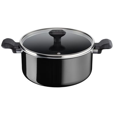 Oala cu capac Tefal So Intensive D5064662, 24 cm, aluminiu, invelis antiaderent Titanium Extra, capac din sticla, exterior emailat, negru