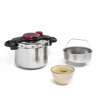 Oală sub presiune Tefal ClipsoMinut'® Easy P4624966, compatibil cu inducția, inox, indicator de presiune, 5 puncte de securitate, argintiu