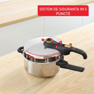 Oala sub presiune Tefal Secure Trendy P2580402, 4 L, sistem siguranta in 5 puncte, 2 programe de gatire, compatibil cu inductia, argintiu