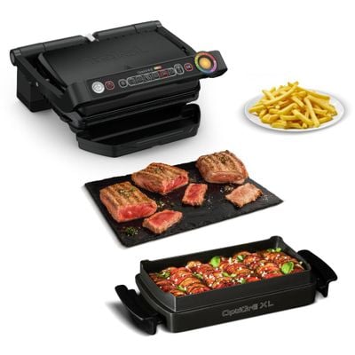 Grătar electric OptiGrill+ Snacking & Baking GC714834, 6 programe, senzor automat, mod manual , plăci antiaderente, tavă colectare lichide, tavă coacere, negru