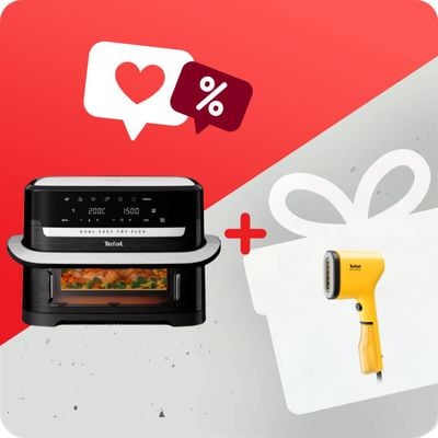 Pachet PROMO Friteuză cu aer cald Tefal Dual Easy Fry Flex EY9228E0 & Aparat de calcat vertical PURE POP YELLOW Tefal DT2026E1