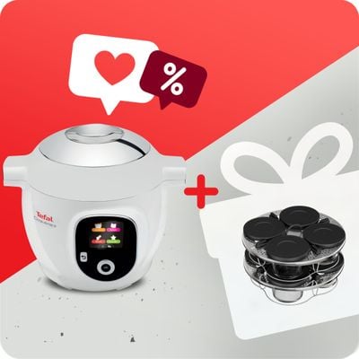 Pachet PROMO Multicooker inteligent cu gatire sub presiune Tefal Cook4Me+ Connect CY851130 & Set de 8 recipiente de sticla cu capac si suport Tefal XA6140E0