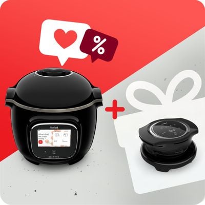 Pachet PROMO Multicooker inteligent cu gatire sub presiune Tefal Cook4me Touch CY912831 & Accesoriu multicooker pentru prajit Tefal Cook4Me+ Extra Crisp Lid EY150830