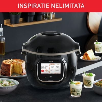 Pachet PROMO Multicooker inteligent cu gatire sub presiune Tefal Cook4me Touch CY912831 & Accesoriu multicooker pentru prajit Tefal Cook4Me+ Extra Crisp Lid EY150830