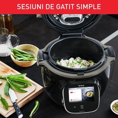 Pachet PROMO Multicooker inteligent cu gatire sub presiune Tefal Cook4me Touch CY912831 & Accesoriu multicooker pentru prajit Tefal Cook4Me+ Extra Crisp Lid EY150830