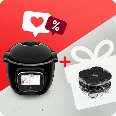 Pachet PROMO Multicooker inteligent cu gătire sub presiune Tefal Cook4me Touch CY912831 & Set de 8 recipiente de sticla cu capac si suport Tefal XA6140E0