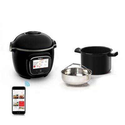 Pachet PROMO Multicooker inteligent cu gătire sub presiune Tefal Cook4me Touch CY912831 & Set de 8 recipiente de sticla cu capac si suport Tefal XA6140E0