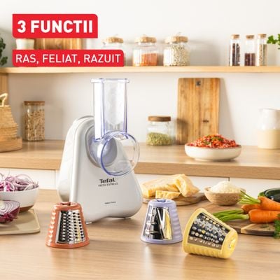 Razatoare electrica 3-in-1 Tefal Fresh Express DN853BE0, 150W, sistem de ventilatie, 3 conuri detasabile pentru razuire fina & grosiera, feliere, gri