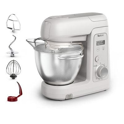 Robot de bucatarie Tefal Bake Partner+ QB540BF0, 1100 W, 4.6 L, 8 trepte de viteza, cantar incorporat, functie Pulse, functie Smart Bake Detect, tel, carlig pentru aluaturi grele, inox, gri