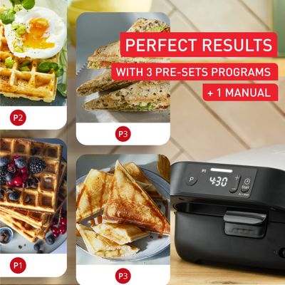Sandwich maker Tefal Snack Collection Precision SW872BF0, 700 W, termostat reglabil, invelis antiaderent, 2 seturi de placi detasabile, sistem de blocare, argintiu & negru