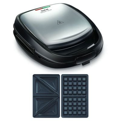 Sandwich maker Tefal Snack Time 2 în 1 SW341D12, 700W, 2 seturi de plăci detașabile antiaderente, mâner izolat termic, argintiu & negru