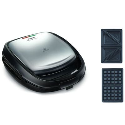 Sandwich maker Tefal Snack Time 2 în 1 SW341D12, 700W, 2 seturi de plăci detașabile antiaderente, mâner izolat termic, argintiu & negru