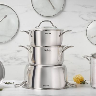 Set 10 piese Tefal Intuition B864SA74, cratiță cu mâner de 16 cm, cratițe și oale cu mânere 18/20/22/24 cm, oțel inoxidabil, inducție, 5 capace de sticlă