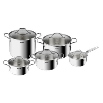 Set 10 piese Tefal Intuition B864SA74, cratiță cu mâner de 16 cm, cratițe și oale cu mânere 18/20/22/24 cm, oțel inoxidabil, inducție, 5 capace de sticlă