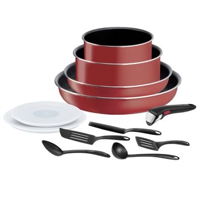 Set de 12 piese Tefal Ingenio Easy Cook & Clean L1529302, cratițe 16/20 cm, tigăi 24/28 cm, maner detașabil, 5 spatule, capace ermetice 16/20 cm,  înveliș antiaderent Titanium, indicator temperatură Thermo-Signal, rosu