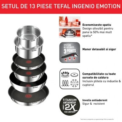 Set 13 piese Tefal Ingenio Emotion L897SD74, oala 16 / 20 cm, tigaie 22 / 24 / 28 cm, wok 26 cm, 2 manere detasabile, capace sticla 16 / 20 / 24 cm, capace ermetice 16 / 20 cm, invelis antiaderent, inductie, argintiu