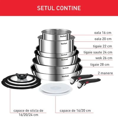 Set 13 piese Tefal Ingenio Emotion L897SD74, oala 16 / 20 cm, tigaie 22 / 24 / 28 cm, wok 26 cm, 2 manere detasabile, capace sticla 16 / 20 / 24 cm, capace ermetice 16 / 20 cm, invelis antiaderent, inductie, argintiu