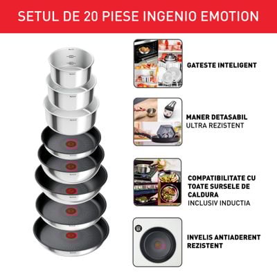 Set 20 piese Tefal Ingenio Emotion L897SJ04, oala 16 / 18 / 20 cm, cratita 24 cm, tigaie 22 / 26 / 28 cm, wok 26 cm, 2 manere detașabile, 2 spatule, 3 capace ermetice 16 / 18 / 20 cm, capac sticla 24 cm, 4 protectii, inducție, argintiu
