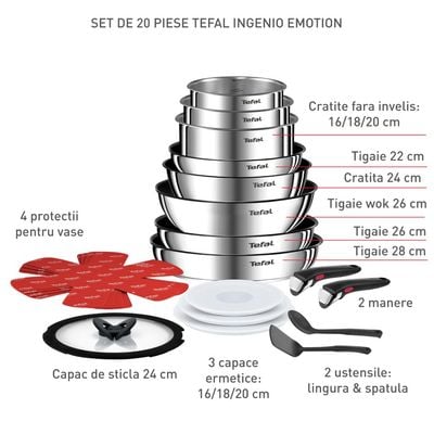 Set 20 piese Tefal Ingenio Emotion L897SJ04, oala 16 / 18 / 20 cm, cratita 24 cm, tigaie 22 / 26 / 28 cm, wok 26 cm, 2 manere detașabile, 2 spatule, 3 capace ermetice 16 / 18 / 20 cm, capac sticla 24 cm, 4 protectii, inducție, argintiu