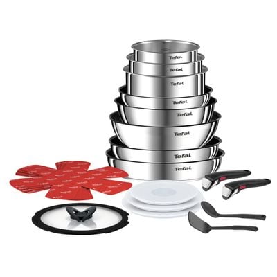 Set 20 piese Tefal Ingenio Emotion L897SJ04, oala 16 / 18 / 20 cm, cratita 24 cm, tigaie 22 / 26 / 28 cm, wok 26 cm, 2 manere detașabile, 2 spatule, 3 capace ermetice 16 / 18 / 20 cm, capac sticla 24 cm, 4 protectii, inducție, argintiu