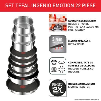 Set 22 piese Tefal Ingenio Emotion L897SM74, cratițe 16/18/20 cm, tigăi 22/24/26/28 cm, tigaie saute 24 cm, wok 26 cm, capace 16/18/20 cm, 2 mânere, 4 spatule, 4 protecții tigăi, argintiu
