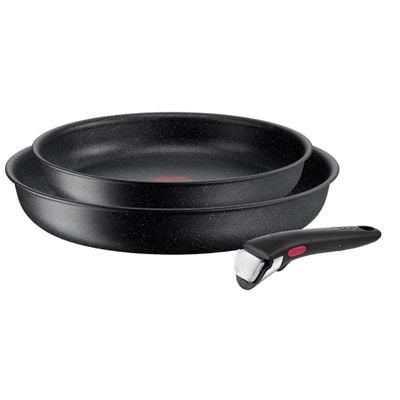 Set de 3 piese Tefal Ingenio Black Stone L3999032, tigaie de 24/28 cm, mâner detașabil, înveliș antiaderent Mineralia+, indicator Thermo-Signal, compatibil cu inducția, negru