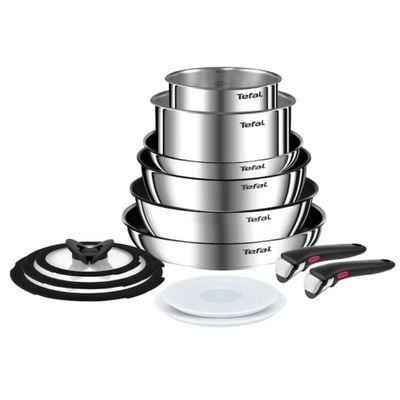 Set 13 piese Tefal Ingenio Emotion L897SD74, oala 16 / 20 cm, tigaie 22 / 24 / 28 cm, wok 26 cm, 2 manere detasabile, capace sticla 16 / 20 / 24 cm, capace ermetice 16 / 20 cm, invelis antiaderent, inductie, argintiu