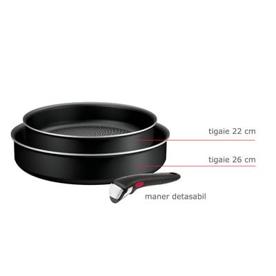 Set de 3 piese Tefal Ingenio Generous Cook L3129053, tigaie de 22/26 cm, mâner detașabil, indicator Thermo Signal, înveliș antiaderent Titanium