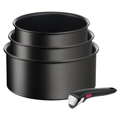 Set de 4 piese Tefal Ingenio Eco Resist L3979202, cratiță de 16/18/20 cm, mâner detașabil, indicator Thermo-Signal, compatibil cu inducția, înveliș antiaderent, negru