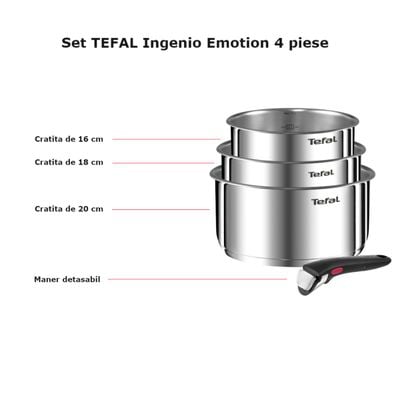 Set 4 piese Tefal Ingenio Emotion L8964S55, oale de 16 / 18 / 20 cm, maner detasabil rezistent, inductie, argintiu