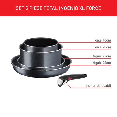Set de 5 piese Tefal Ingenio XL Force L1589502, oală 16/20 cm, tigaie 22/28 cm, mâner detașabil, înveliș antiaderent, indicator Thermo-Signal