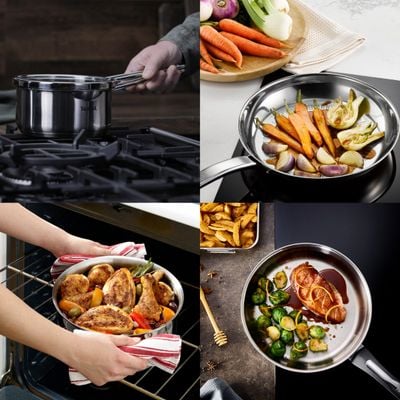 Set de 6 piese Tefal Duetto+ G719S655, oale cu capac de sticla 20 / 24 cm, cratiță cu capac de sticlă 16 cm, inox, inducție, inox, mânere nituite, margini turnare, gradații interioare, argintiu