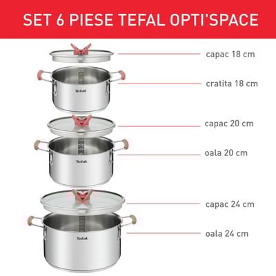 Set 6 piese Tefal Opti'Space G720S674, cratiță 18 cm, oala 20/24 cm, 3 capace de sticlă, oțel inoxidabil, mânere anti-alunecare, inducție
