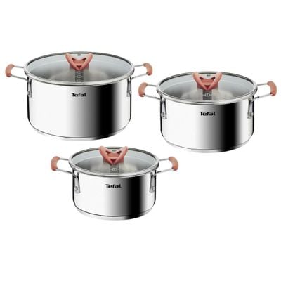Set 6 piese Tefal Opti'Space G720S674, cratiță 18 cm, oala 20/24 cm, 3 capace de sticlă, oțel inoxidabil, mânere anti-alunecare, inducție