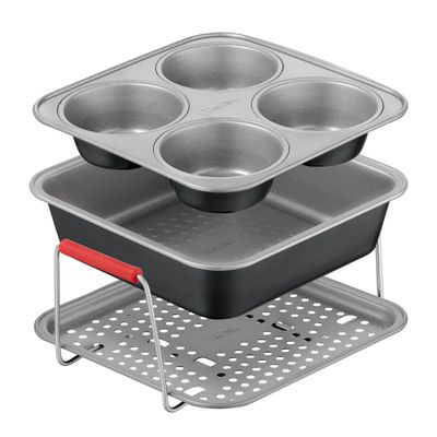 Set de 3 accesorii Tefal Dail'Easy J701S344 pentru friteuze de 4.6 L, invelis antiaderent, otel carbon, tava perforata cu manere si 2 forme, negru & gri