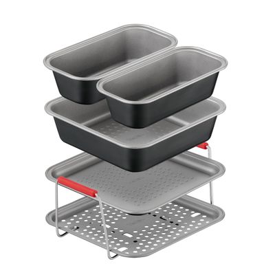 Set de 5 accesorii Tefal Dail'Easy J701S544 pentru friteuza de 4.6 L, invelis antiaderent, otel carbon, tava perforata cu manere, tava si 3 forme, negru & gri