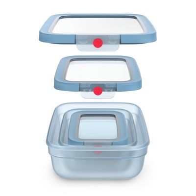 Set de 5 caserole Tefal ONEClick N1230210, 0.5 / 1.2 / 2.3 L, plastic, închidere 100% etanşă, albastru