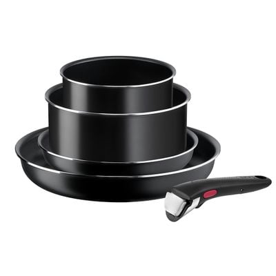 Set de 5 piese Ingenio Easy Cook&nbsp;& Clean L1539543, &icirc;nveliș antiaderent 100% sigur, Thermo-Signal&trade;, bază Diffusion+, m&acirc;ner detașabil, aluminiu, negru