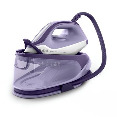 Statie de calcat cu abur de inalta presiune Tefal Power Pro Compact SV6211E0, 2400 W, 6.2 bari, abur variabil 0 - 120 g/min, jet de abur 370 g/min, rezervor apa 1.7 L, abur vertical, talpa Ceramic Xpress Glide, oprire automata, alb & violet