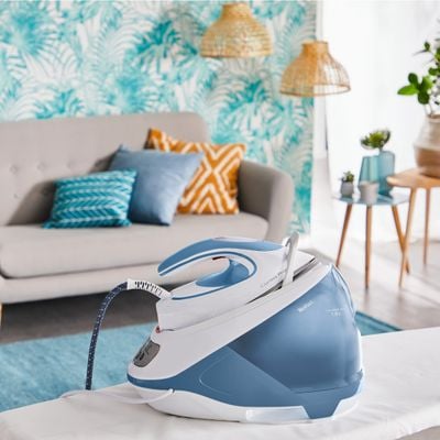 Stație de călcat cu abur Tefal Express Protect SV9202E0, 2800W, presiune 7.5 bari, jet de abur 520 g/min, rezervor 1.8L, talpa Durilium Airglide Autoclean, Alb&albastru