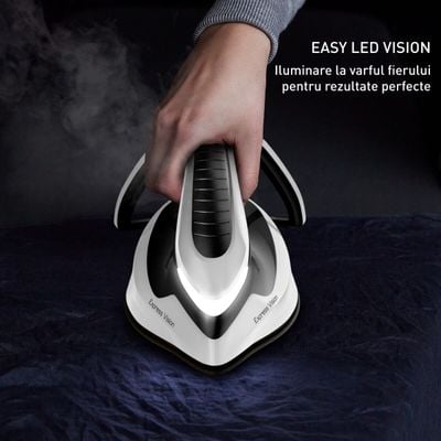 Stație de călcat cu abur Tefal Express Vision SV8156E0, 2800W, 8 bari, abur variabil 0 - 130 g/min, jet de abur până la 130 g/min, colector pentru calcar, rezervor apă 1.8L, negru & alb