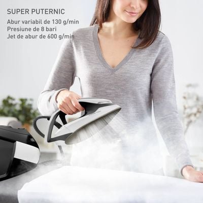Stație de călcat cu abur Tefal Express Vision SV8156E0, 2800W, 8 bari, abur variabil 0 - 130 g/min, jet de abur până la 130 g/min, colector pentru calcar, rezervor apă 1.8L, negru & alb