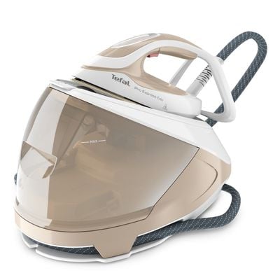 Stație de călcat cu abur Tefal Pro Express Eco GV9E22E0, 2200W, 7.6 bari, jet de abur 550 g/min, abur variabil până la 140 g/min, talpă Durilium AirGlide AutoClean, oprire automată, mod Eco, crem & alb