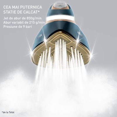 Stație de călcat de înaltă presiune Tefal Pro Express Vision Max GV9920E0, 3000W, 9 bari, abur variabil 0 - 215 g/min, jet de abur până la 850 g/min, abur vertical, rezervor apă 1.2L, verde & bronz