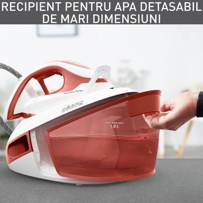 Stație de călcat cu abur Tefal Express Power SV8110E0, 2800W, rezervor detașabil 1.8L, presiune 6.3 bari, colector anticalcar detașabil, talpă Durilium Airglide Autoclean,Mod Eco, alb & portocaliu