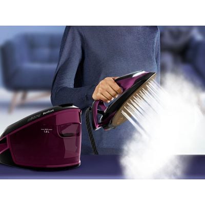 Stație de călcat cu abur Tefal Express Vision SV8152E0, jet de abur 480 g/min, 6.9 bari presiune, putere 2800 W, talpa Durilium airglide autoclean, alb & violet