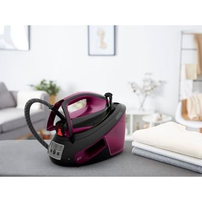 Stație de călcat cu abur Tefal Express Vision SV8152E0, jet de abur 480 g/min, 6.9 bari presiune, putere 2800 W, talpa Durilium airglide autoclean, alb & violet