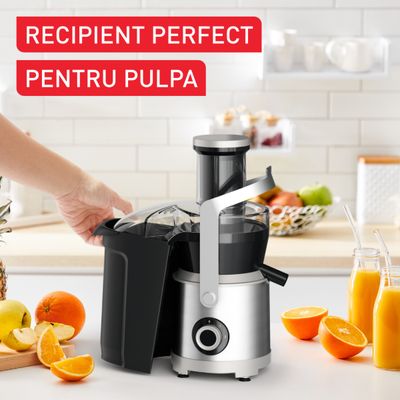 Storcator de fructe si legume Tefal Nutri XXL ZE660D10, 1000 W, 2 trepte de viteza, sistem antipicurare, recipient pentru pulpa 2.2 L , recipient pentru suc 0.8 L, negru &  argintiu