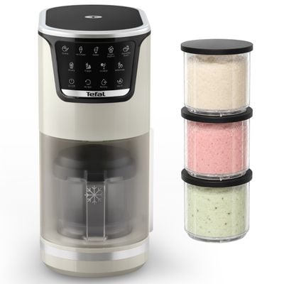 Aparat de &icirc;nghețată Tefal Dolci IG602AE0, 3 recipiente din tritan de 460 ml, 10 programe, Tehnologia unică 1-Step Perfector, crem & negru